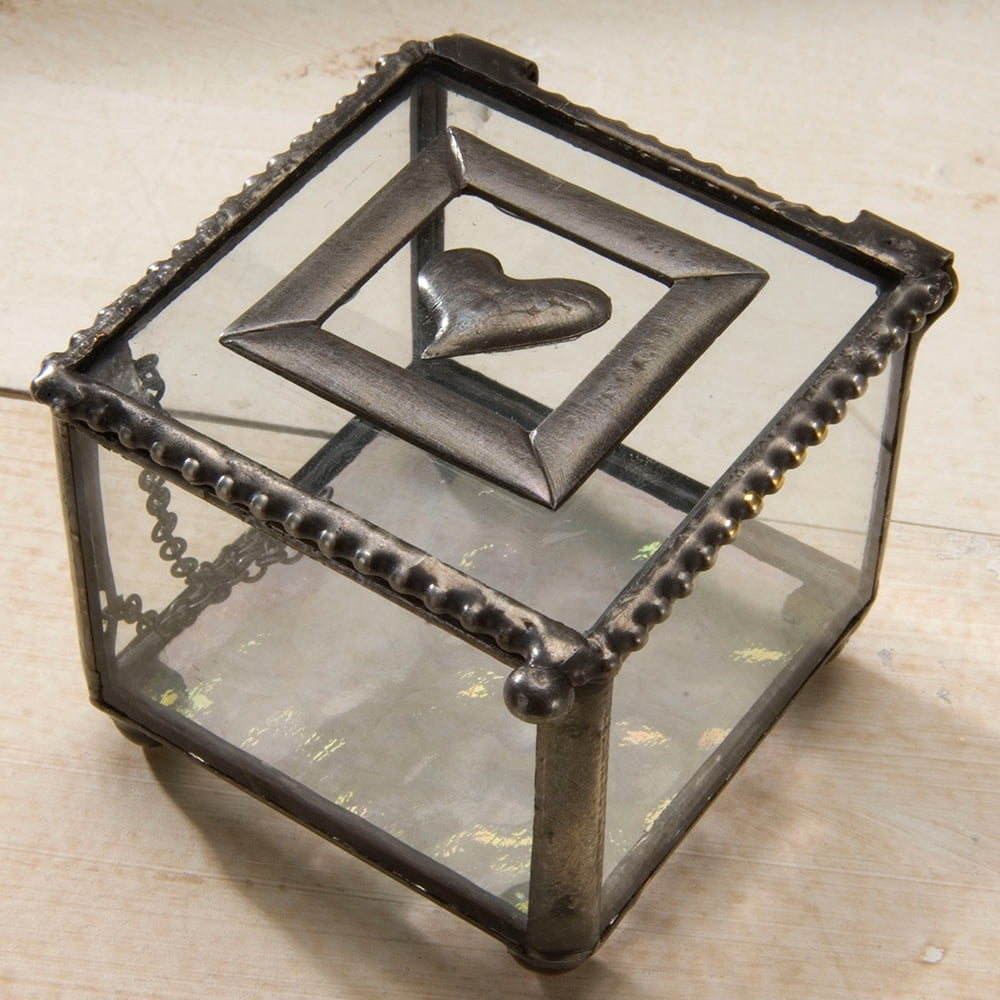 Clear Glass Jewelry Box with Decorative Heart Accent Keepsake Trinket Storage - J Devlin Box 622