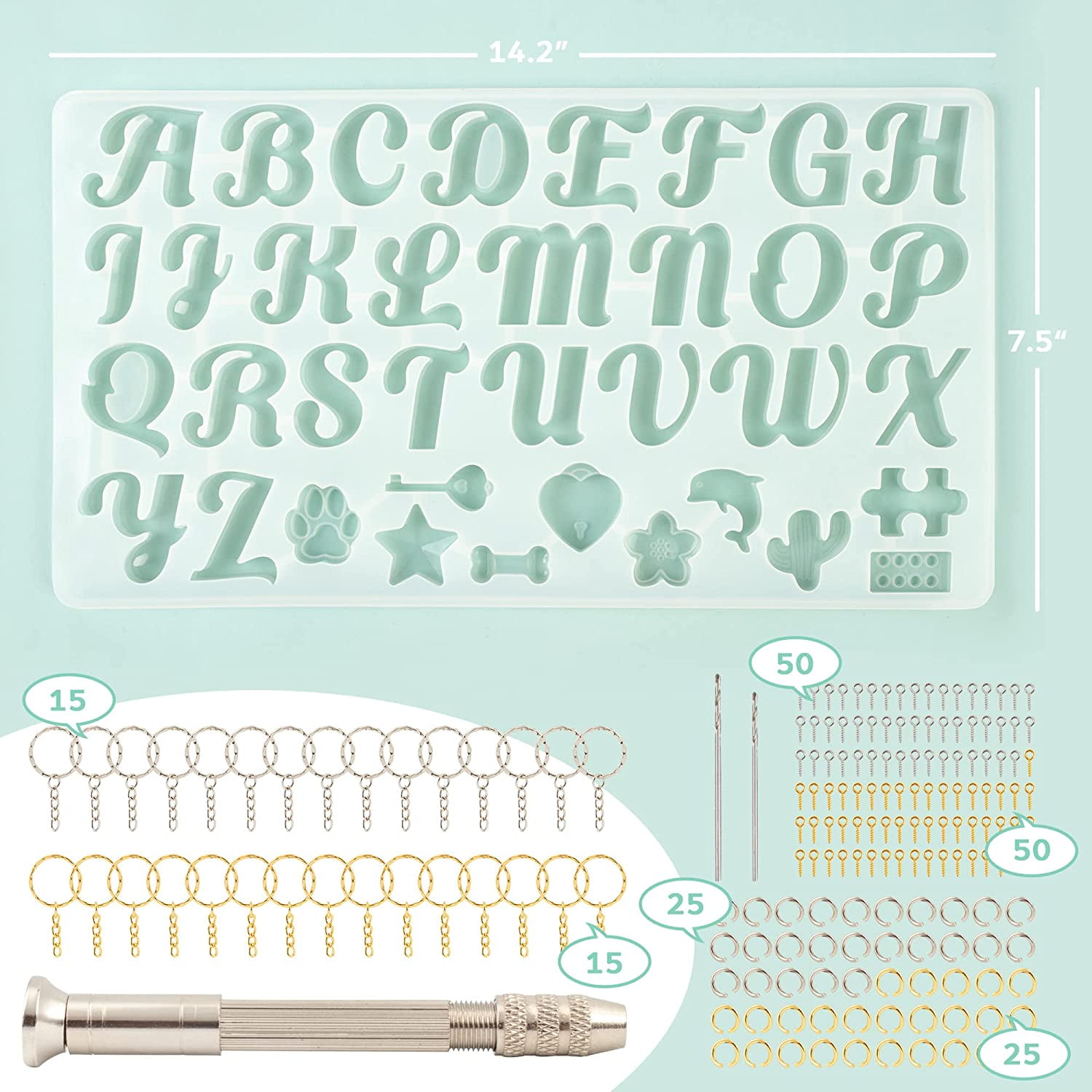 Mocoosy 182Pcs Fancy Alphabet Resin Molds Silicone Kit, Reversed Letter Keychain Epoxy Resin Casting Molds, Resin Key Chain Making Set with 1 Hand Drill 2 Drill Bits 30 Key Rings 100 Screw Pins