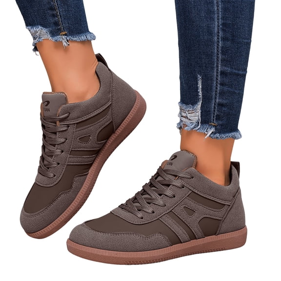 Sneakers for Women Lace up Classic Retro Trainers Tennis Shoes Trendy Splice Suede Flat Walking Shoes Casual Nonslip Footwear Brown Size 9.5