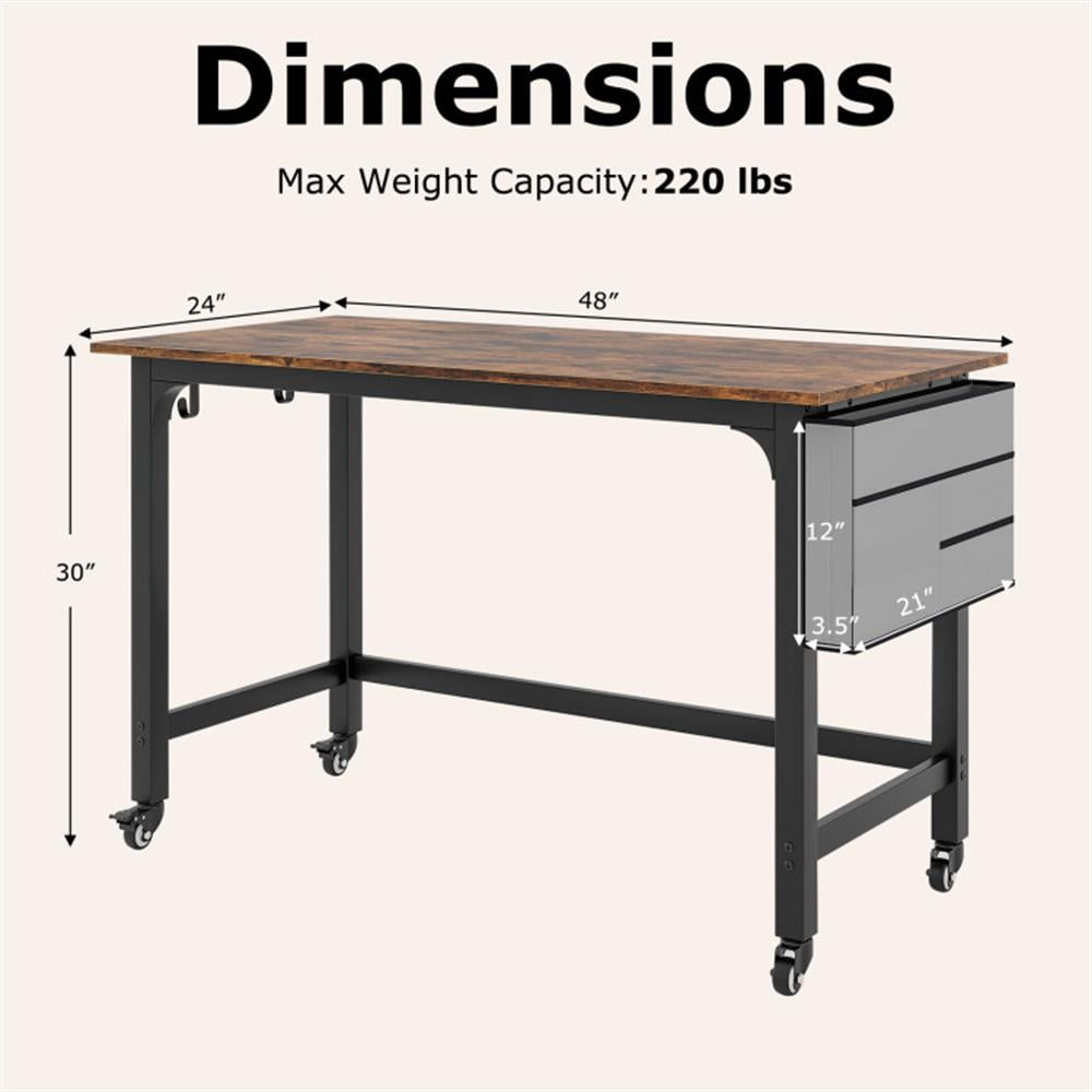 Demi Bonn 48" Mobile Computer Desk Workstation with 4 Smooth Casters, Small Home Office Desk Study Writing Table, Brown