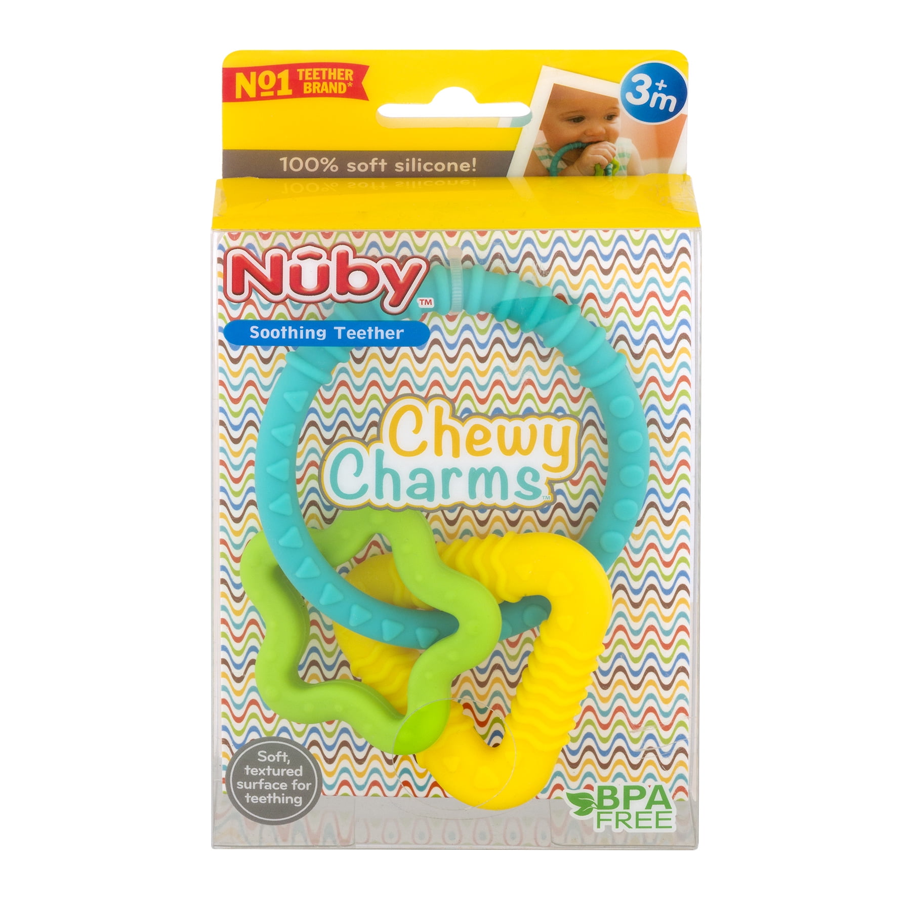 Nuby Silicone Chewy Charms Teething Ring for Babies, Multicolor Star/Triangle Design