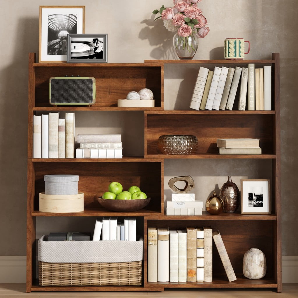 Expandable Bookshelf, 4-Tier 2-Piece L-Shaped Adjustable Bookcase, Up to 47" Wide Modular Storage Shelf for Wall Corners, Living Room, Bedroom & Small Spaces, Walnut