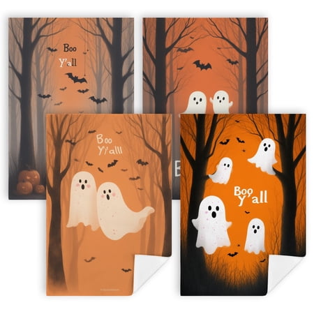 Halloween Hand Towels A couple of ghosts and pumpkins in a forest with bats 4 Pack Premium Microfiber Towels for Kitchen