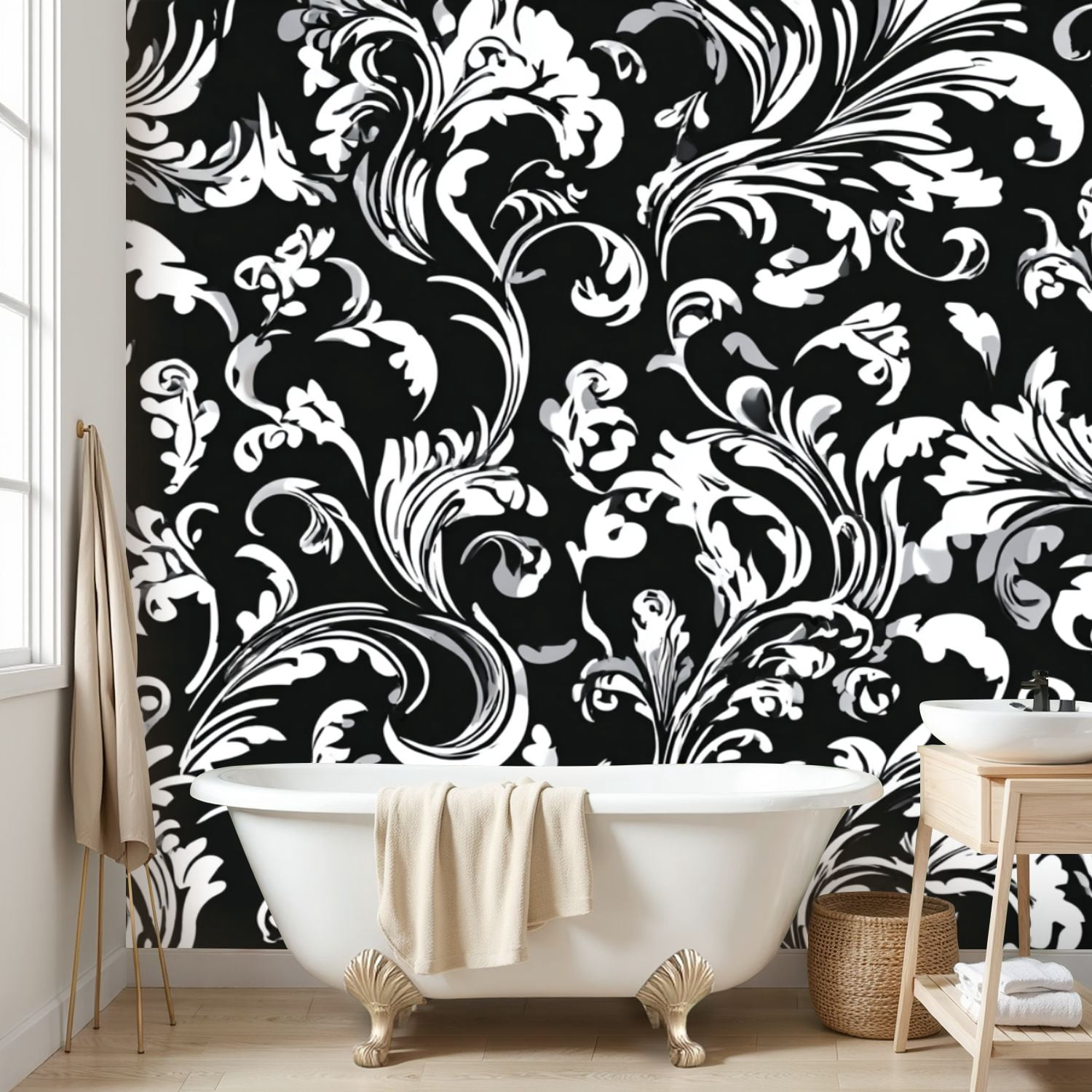Wall Mural Peel and Stick Floral baroque damask Seamless Black white ornament Self-Adhesive Wallpaper Removable Wall Decal Wall Sticker Home Decor for Living Room Bedroom 100"x144"