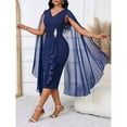 thumbnail image 5 of Navy Blue Elegant Cape Midi Dress With Ruffle Detail And Rhinestone Belt For Formal Evening Wear, 5 of 7