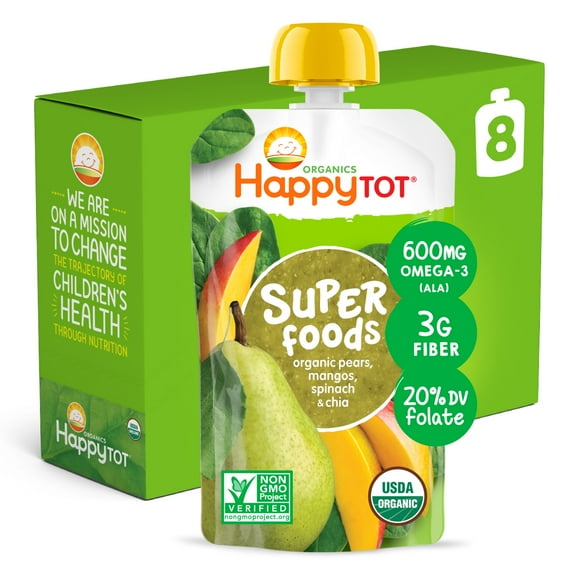(8 Pack) Happy Tot Super Foods Pouches Organics Pears, Mangos & Spinach   Super Chia Pouch, 4.22 OZ