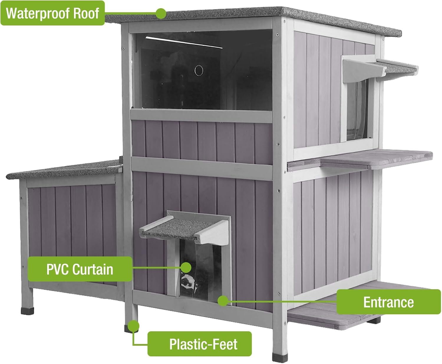 MEDEHOO Heated Cat House Outdoor Insulated Cat Cage with Heating Pad for Winter, Feral Kitty Shelter Waterproof Roof,23" D x 44" W x 34.5" H