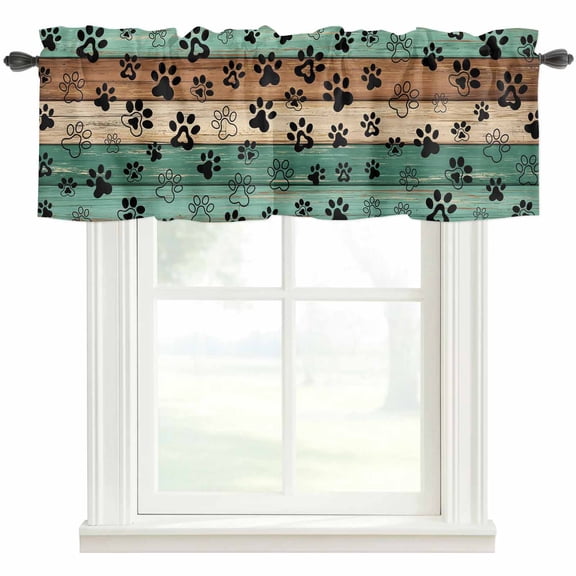 Teal Green Brown Rod Pocket Curtain Valance, Farmhouse Dog Paw Vintage Farmhouse Window Valance for Living Room, Bedroom, Kitchen 42"W x 18"L