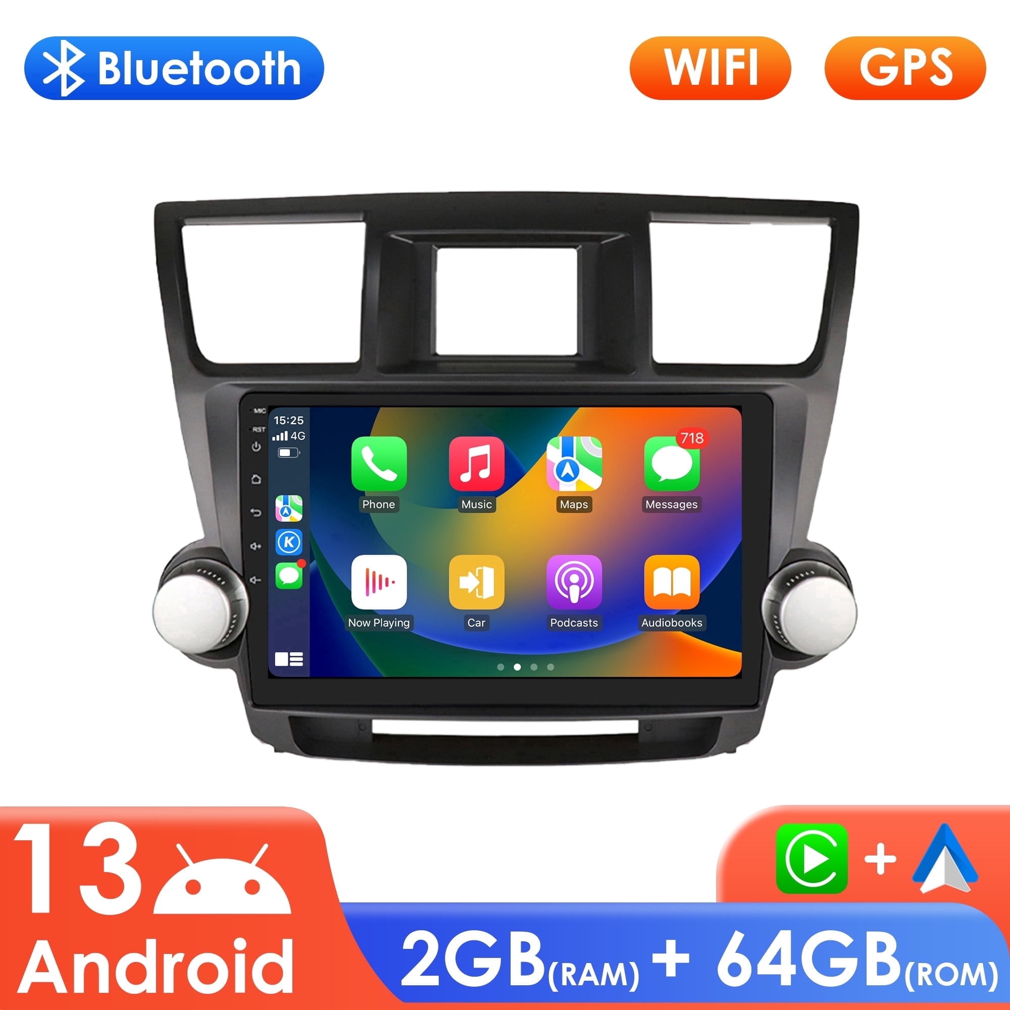 Ossuret Android Auto Apple CarPlay Car Stereo Radio For Toyota Highlander 2007-2013 Bluetooth 2+64GB WiFi AUX 10.1" Touch Screen Head Unit Multimedia GPS Navigation In-Dash