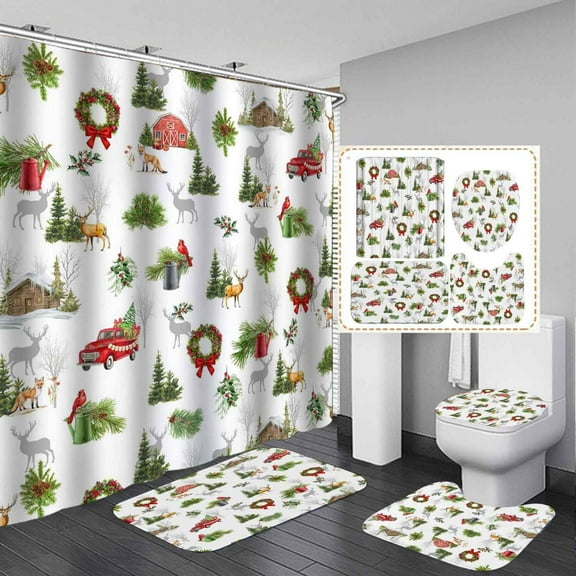 4PCS Christmas Shower Curtain Set, Waterproof Fabric Green Shower Curtain, Non-Slip Bath Mat Bathroom Rugs, Cute Gingerbread Man Xmas Tree Snowflake Candy Cane New Year Holiday Bathroom Decor