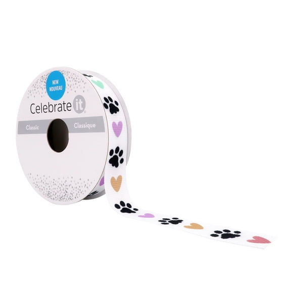 Celebrate It 5/8" x 7yd. Grosgrain Paw Print Ribbon - Non-Wired with Woven Selvage, Polyester - Ideal for Pet-Themed Gifts, Crafts & Decor, 12 Pack