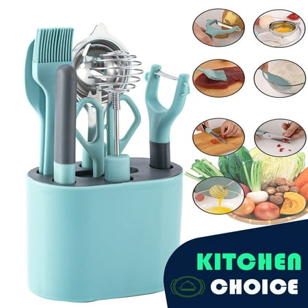 MEKBOK kitchen gadget kit, kitchen scissors with bottle opener, fruit knife, silicone oil brush and scraper, honey spoon, egg separator, peeler - household kitchen gadget (blue 8-piece set)