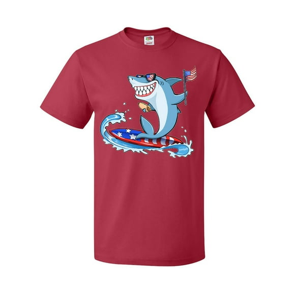 Inktastic Fourth of July Shark Surfing T-Shirt