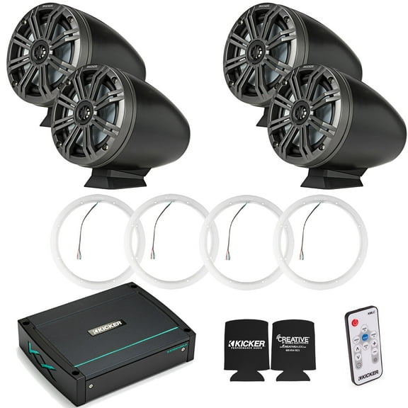 Kicker KMFC65 6.5" Flat Mount Charcoal Tower Speakers (2 pair) with LED Rings, KXM4002 Marine Amplifier
