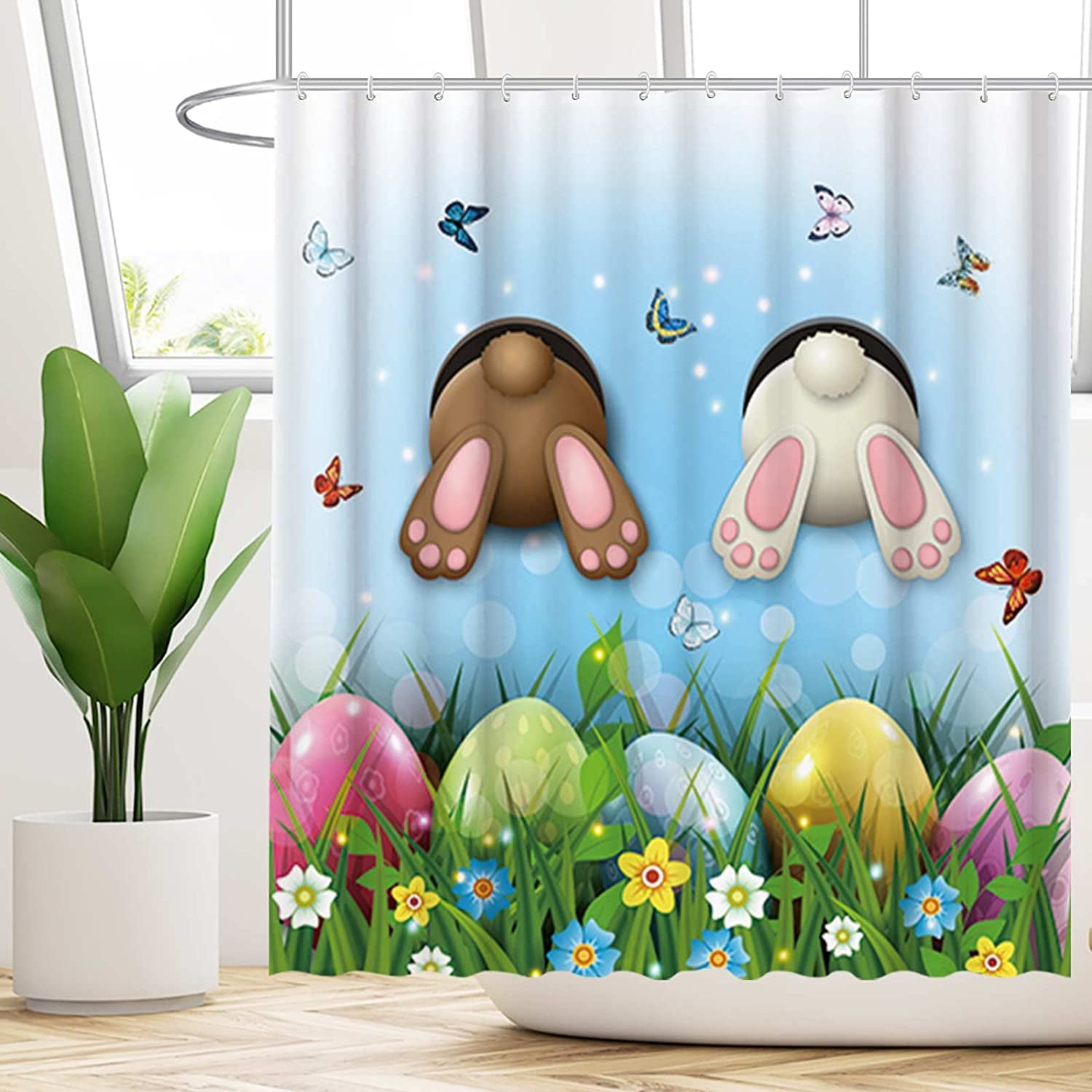 JOOCAR Easter Shower Curtain, Meadow Egg Flower Butterfly Brown White
