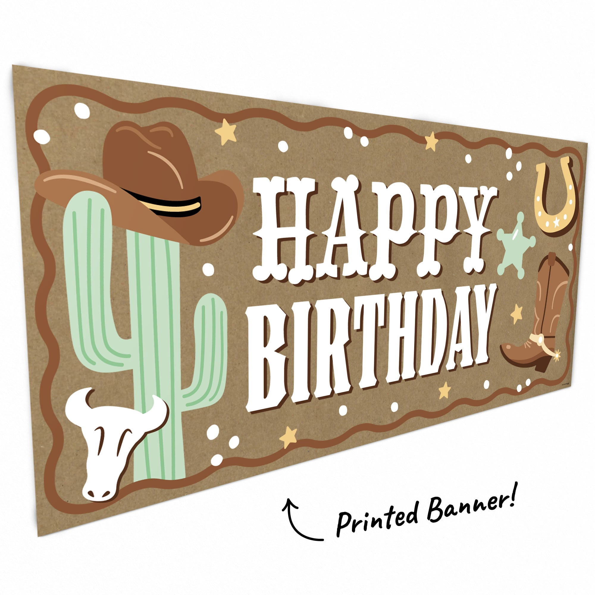 Big Dot of Happiness Western Hoedown Birthday Kraft Paper Banner, Wild West Cowboy Happy Birthday Party Banner, Printed Brown Paper Party Sign Decoration – 1 Count