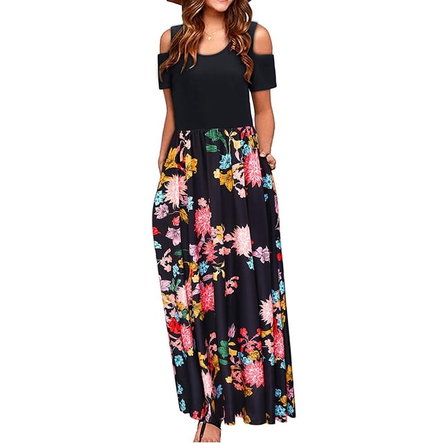 Pompotops Robe Longue Décontractée pour Femmes avec Imprimé Floral Rayé Manches Courtes Robe Maxi