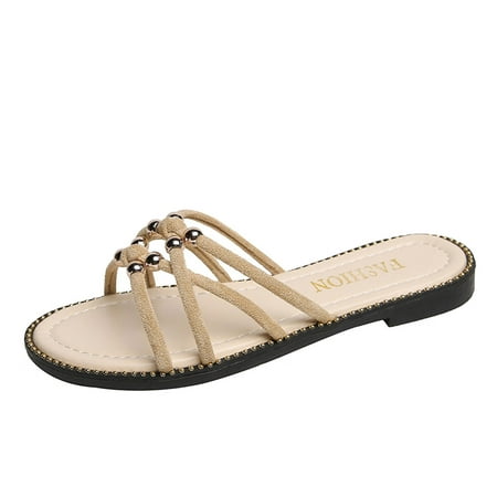 

slipper for Women Fashion Spring And Summer Women Slippers Cross Strap Flat Casual Beach Shoes PU Dress Sandals for Women Beige