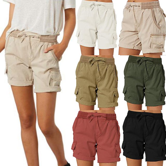 Pantalones cortos para mujer, pantalones Cargo, pantalones cortos con cintura elástica, pantalones cortos de algodón y lino con bolsillo, verano, playa, Color sólido, cómodos, transpirables