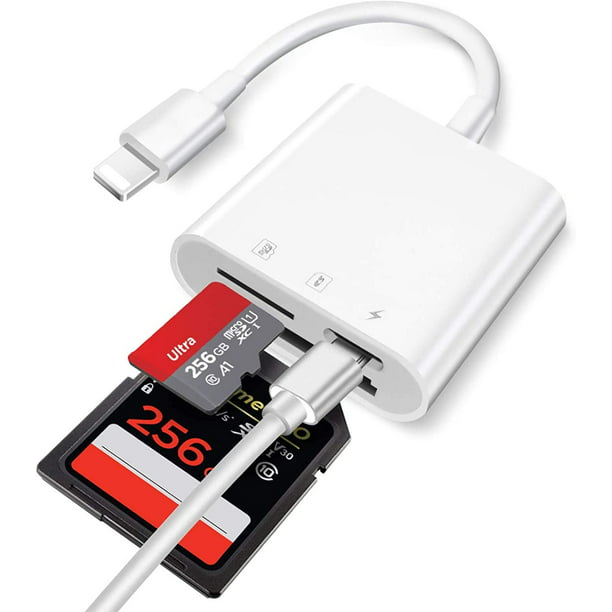 Lecteur SD pour iPhone et iPad, Adaptateur de Lecteur de Mémoire 3-en-1  avec Port de Charge et SD et Slot Micro SD, 