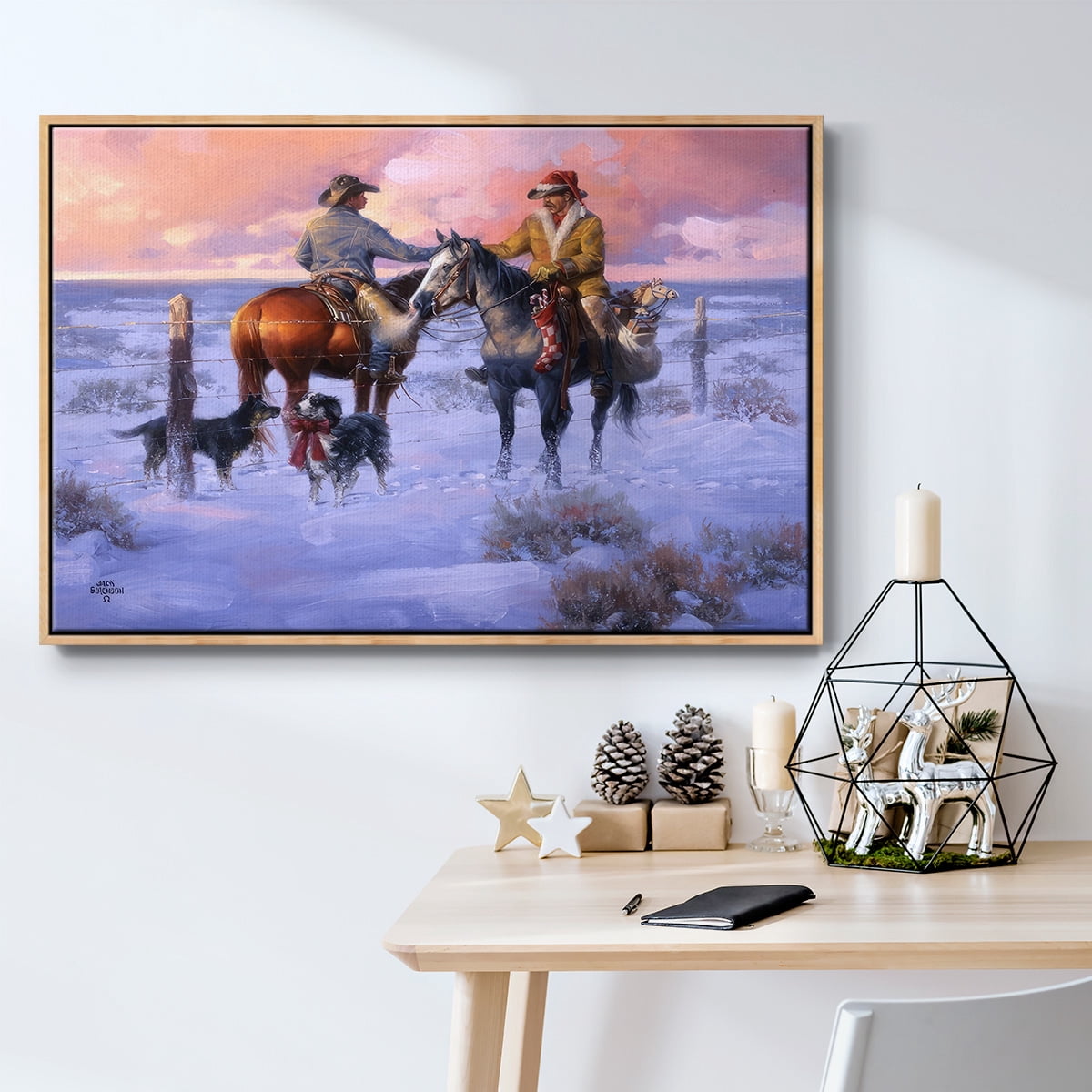 Sharin' Christmas with the Neighbors - Framed Gallery Wrapped Holiday Canvas - 25 x 37 - Natural Wood Frame