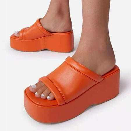 

QWZNDZGR Rimocy Chunky Platform Slippers for Women Square Toe PU Leather Wedge Sandals Woman Summer 2022 Thick Bottom Female Flip Flops