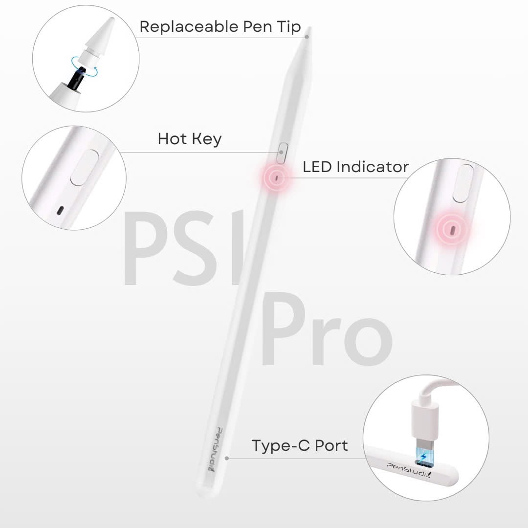 PS1-Pro Stylus Pen for Apple iPad 2018-2025｜Fast Charge Custom Shortcuts Pixel-Perfect with Metal Chrome Tip｜Pencil for iPad 11th & 10th Generation, Pro 11"/12.9"/M4, Air 3/4/5/M2/M3, mini 5/6th Gen