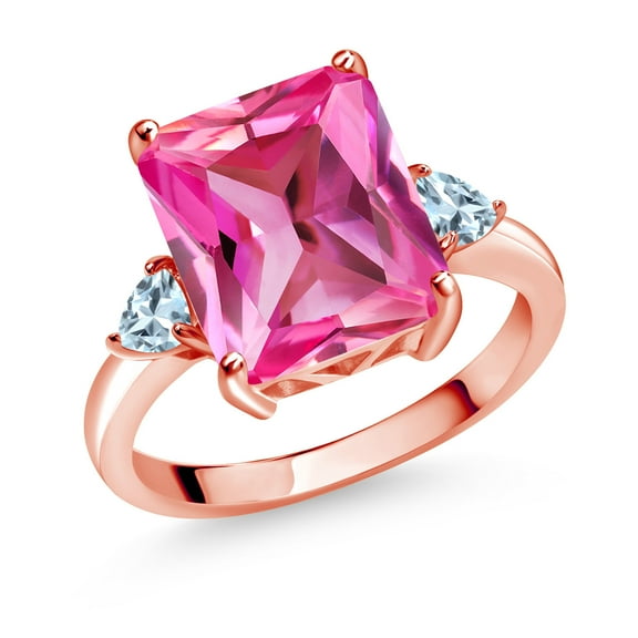 Gem Stone King 6.94 Ct Pink Created Sapphire Sky Blue Aquamarine 18K Rose Gold Plated Silver 3-Stone Women Engagement Ring (Size 6)