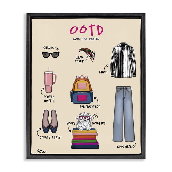 Stupell Industries Book Girl Daily Outfit Black Framed Floater Canvas Wall Art, design by Tara Boone