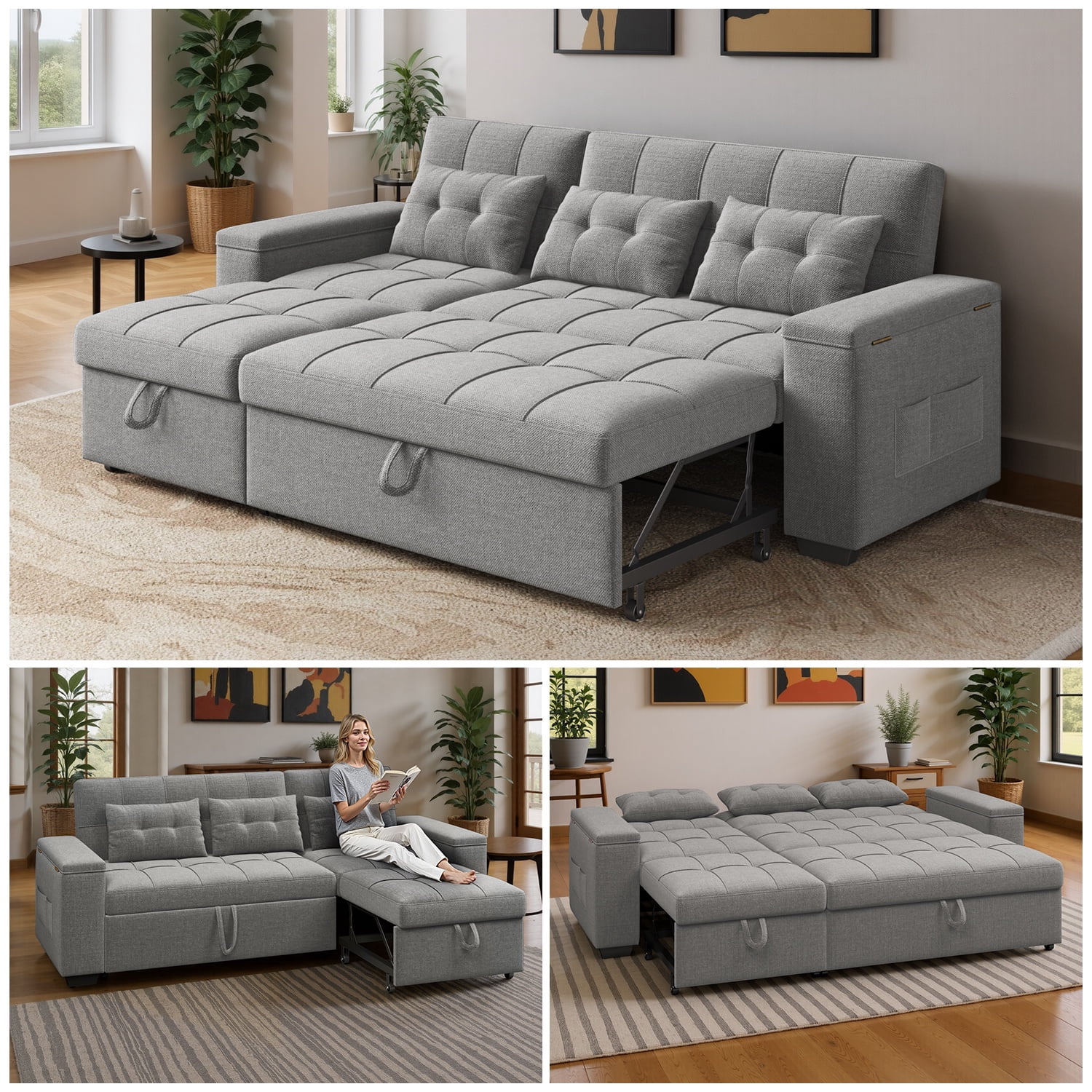Noelse 3 in 1 Convertible Sofa Bed, Sectional Sleeper Sofa with Storage Armrest and 4-Level Adjustable Backrest, L-Shaped Couch for Living Room, Grey