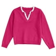 thumbnail image 6 of 2026 Women Fashion Sweater Elegant Lace Trim V Neck Knitted Long Sleeve Cropped Fall Sweaters Hot Pink, 6 of 6