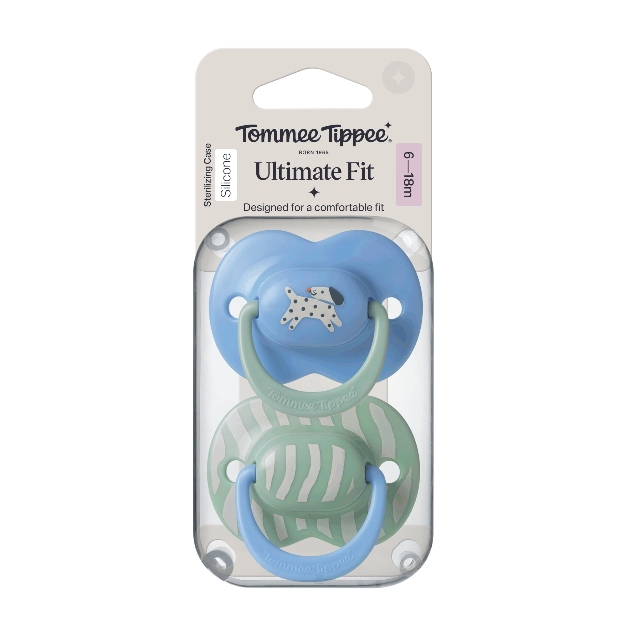 Tommee Tippee Ultimate Fit Pacifier, 6-18 months, 2 Pack, Reusable Sterilizer case Included, Symmetrical nipple, Air holes, Beach waves and Spotty dog