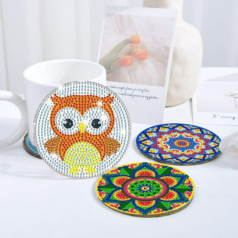 Hesroicy 1 Set DIY Cup Coaster Non Slip Smooth Surface Dining Room Kitchen Diamond  Painting Coaster with Holder for Indoor 