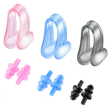IPOW Soft and Comfortable Silicone Swimming Nose Clip + Ear Plugs Set for Adult Youth 3 Pairs,Pink,Blue and (Best Swimming Nose Clip)
