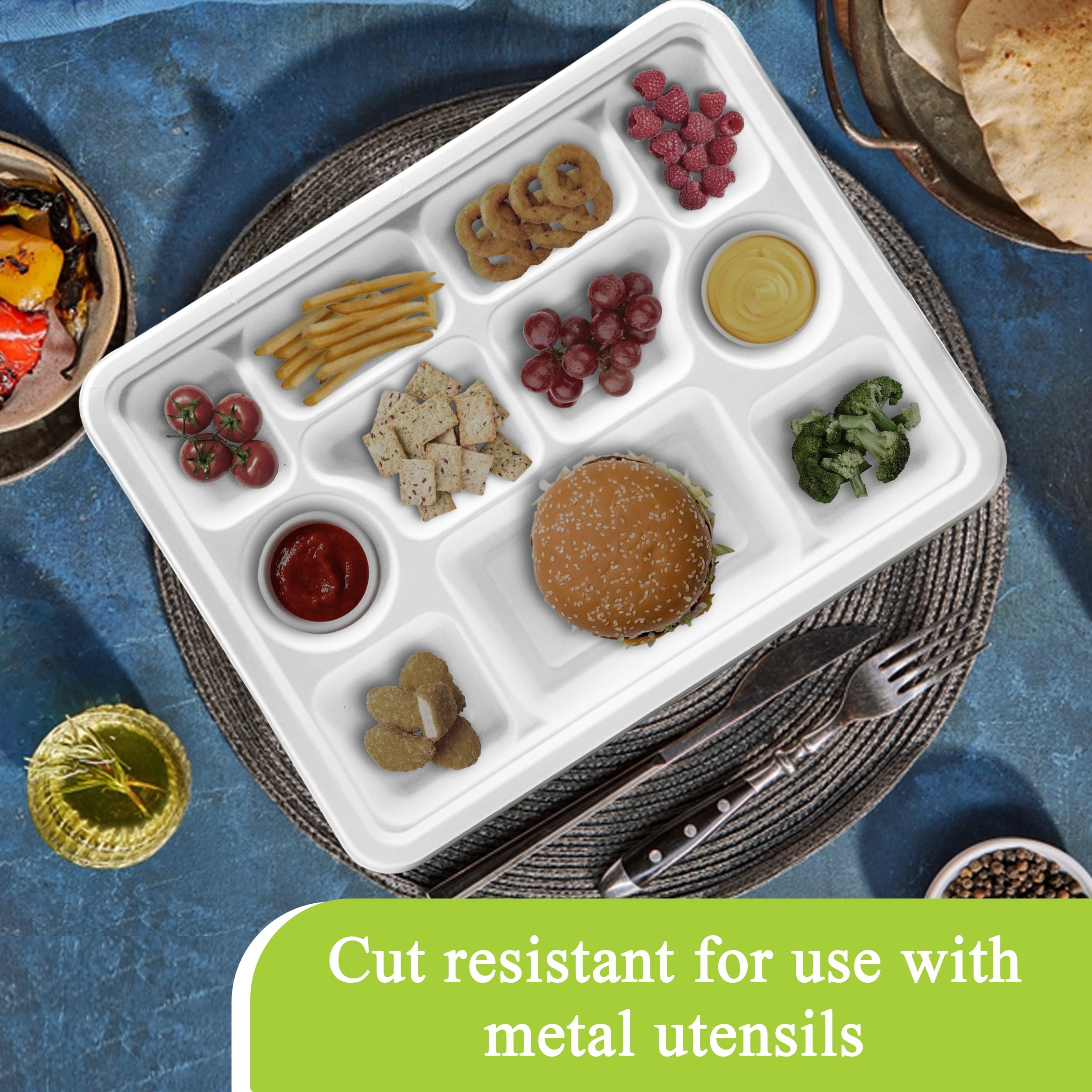 Three Leaf 11 Compartment Bagasse Rectangular Plate, 200 Ct. PFAS-Free, Heavy Duty, Sugarcane Fiber, Eco Friendly Disposable, 100% Biodegradable, Microwave and Freezer Safe, Ideal for Lunch, Buffet