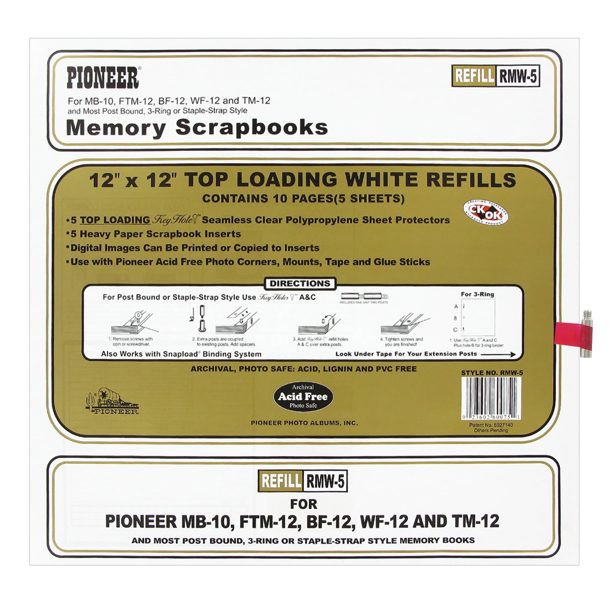 Pioneer Memory Scrapbook 12” x 12” Top Loading White Refills RMW-5 10 Pgs 5 Shts