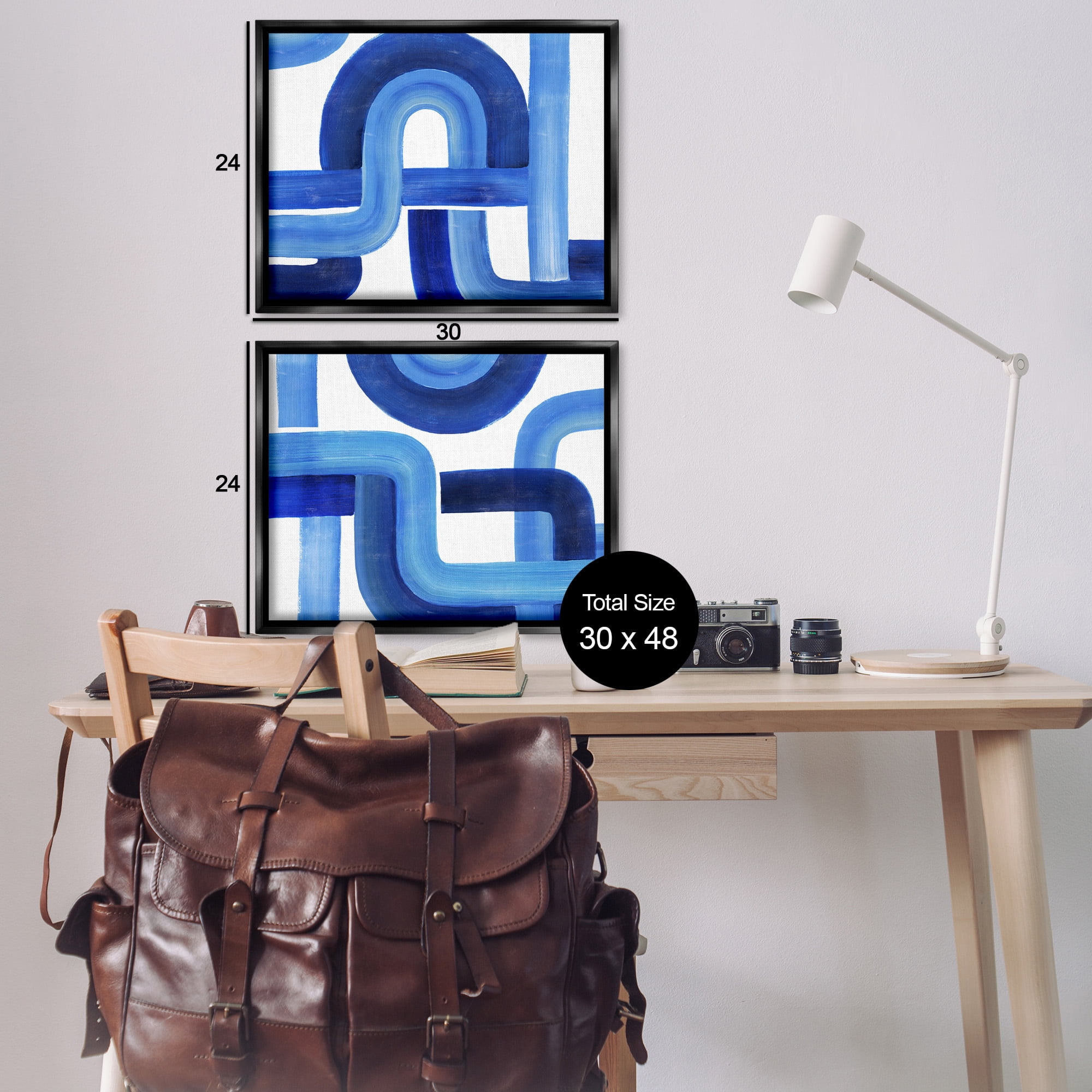 Stupell Industries Woven Blue Geometric Lines Abstract Painting Black Floater Framed Canvas Art Print Wall Art, 31 x 25, Set of 2