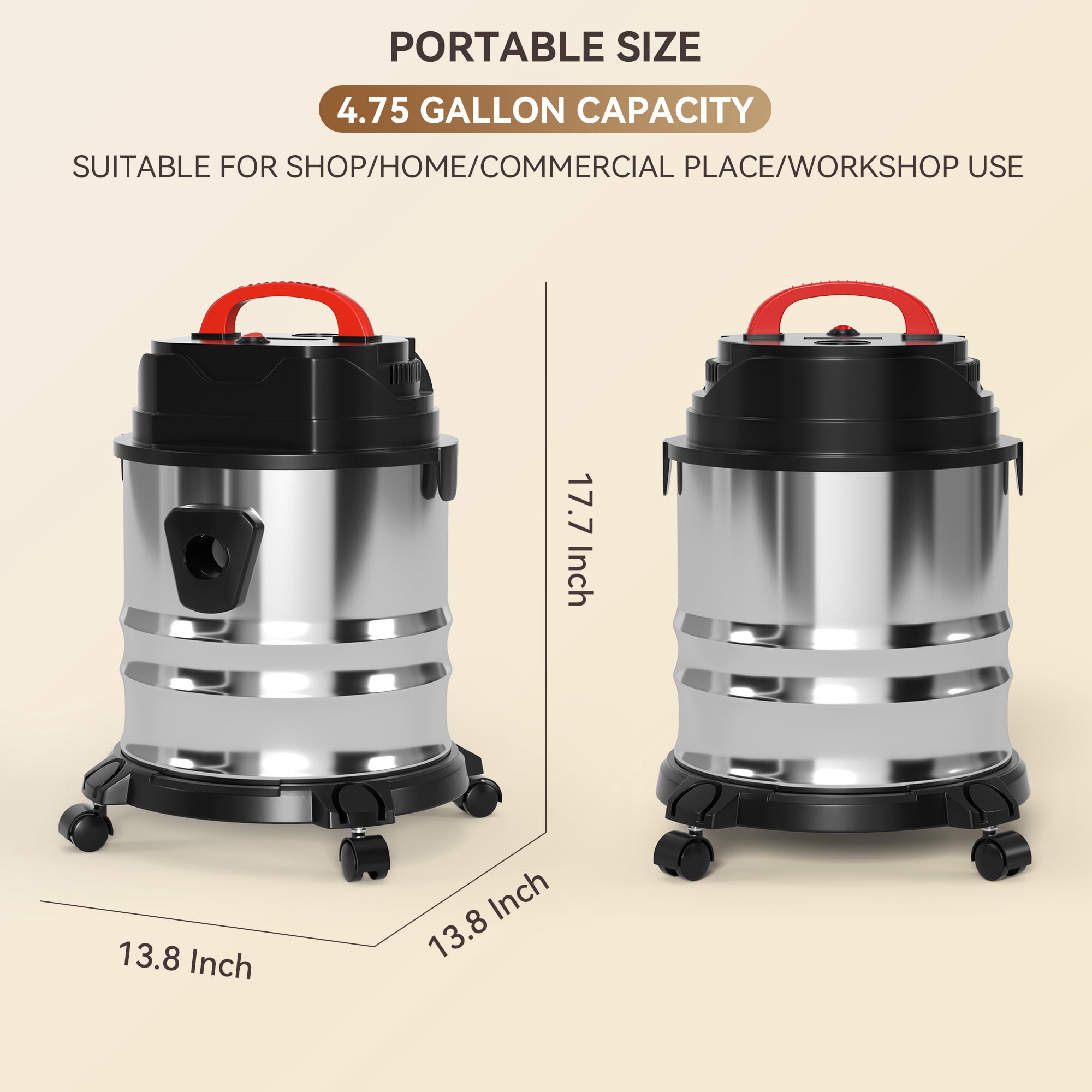 Wet Dry Vacuum Cleaner, 4.75 Gallon 1800W 6 HP Peak Stainless Steel Shop Vacuum Wet and Dry, with Filter and Attachments for House Garage Workshop Car