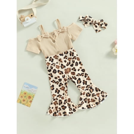 

Lamuusaa Infant Baby Girls Summer Jumpsuit Set Short Sleeve Off Shoulder Romper + Leopard/Flower Flare Pants + Bow Headband