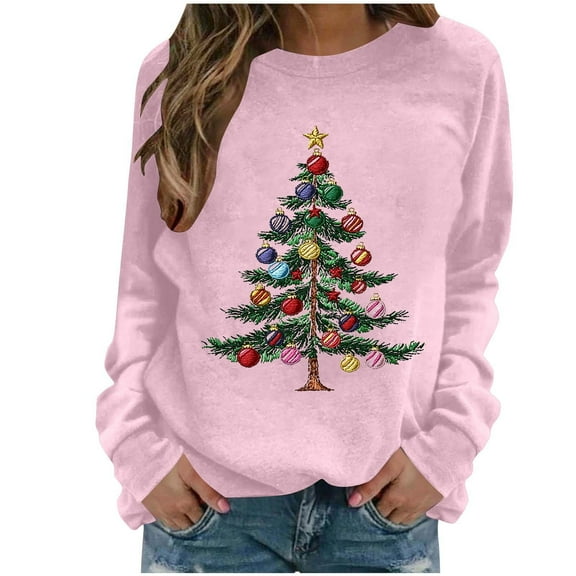 Christmas Sweatshirt for Women Crewneck Cute Xmas Tree Print Long Sleeve Trendy Loose Holiday Party Pullover Tops