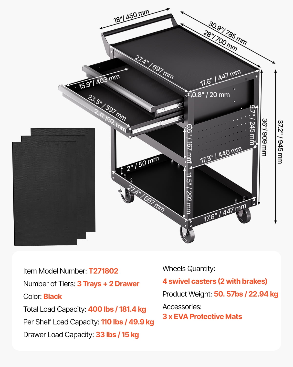 VEVOR 5-Tier Tool Cart with Wheels, 400 lbs Load Capacity, Rolling Work Cart with 2 Drawers & Pegboard, Mechanic Tool Storage Organizer with Locking System for Warehouse and Repair Shop, Black