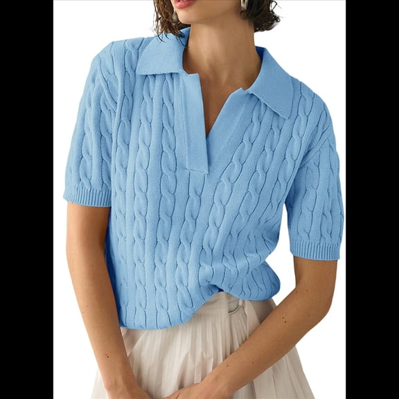 Women'S Cable Short Sleeve Sweaters Tops Solid Lapel V Neck Knit Casual Soft Pullover Shirt Light Blue S