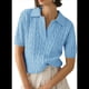 thumbnail image 1 of Suéter de Corta con Cable para Mujer, Top de Punto Liso con Cuello en V y Solapa, Camisa Informal Suave, Azul , Talla M, 1 of 6