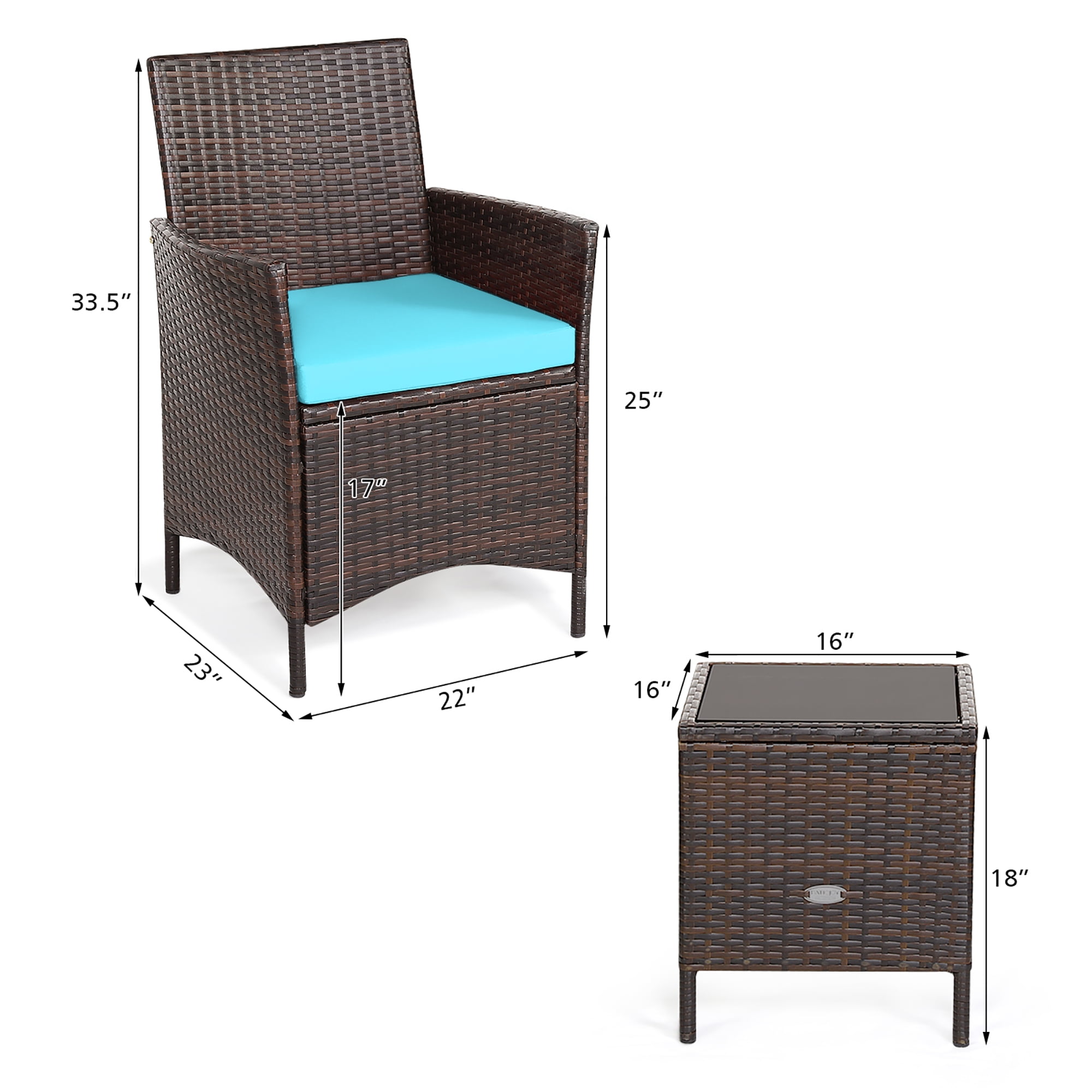 Costway 3PCS Patio Rattan Furniture Set Cushioned Sofa Glass Tabletop Deck Blue