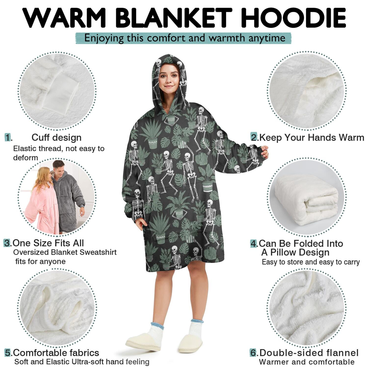 Wearable Oversized Blanket,Black Skeleton Plant Pattern Wearable Blanket Hoodie for Adults,Cozy Hooded Blankets with Super Pockets,Super Warm Fuzzy Pullover for Women & Men