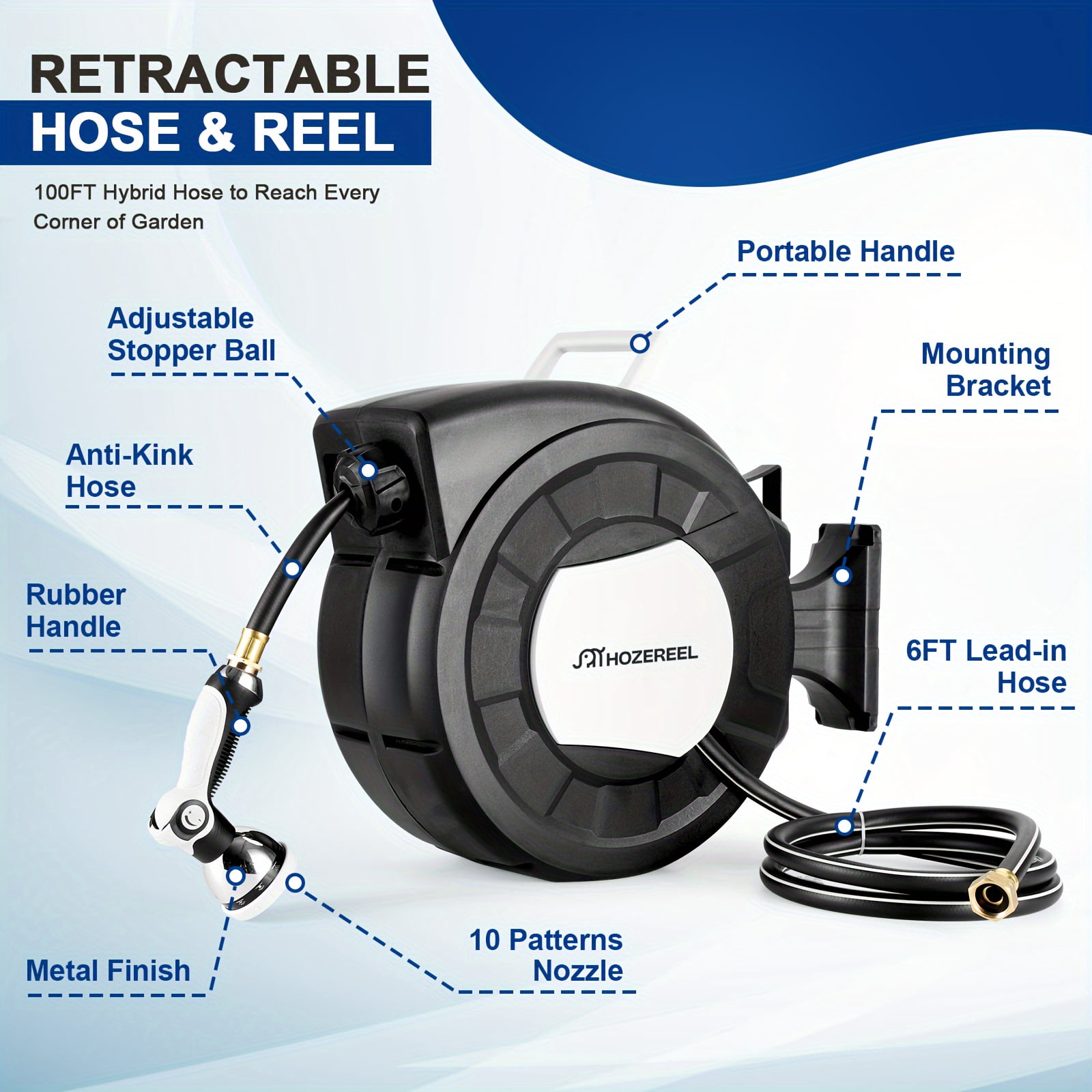 HOZEREEL 100-Ft x 1/2"  Retractable Garden Hose Reel, Decorative Outdoor Garden Hose Reel—Automatic Retractable Wall-Mounted Hose Reel with Enclosed Storage, Lockable at Any Length, 10-Type Nozzle