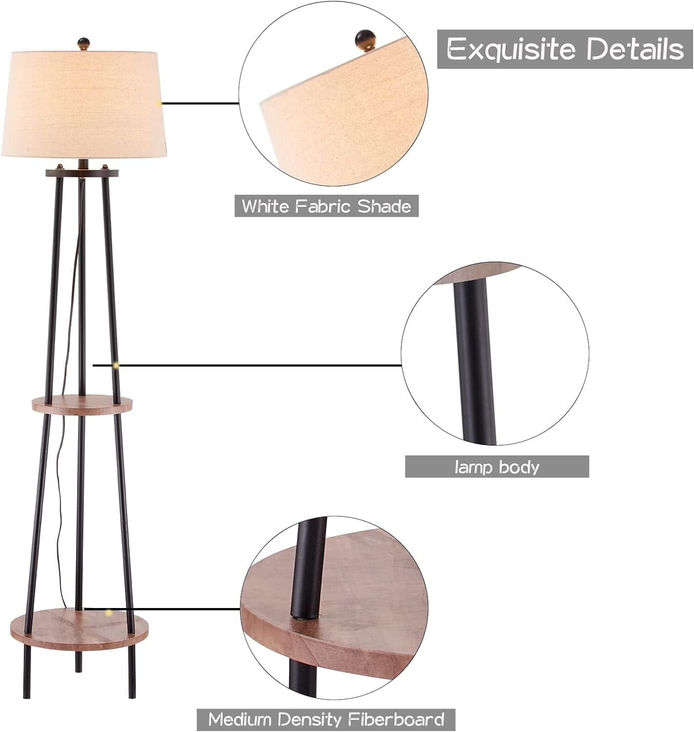 Maxax 65" Tripod Floor Lamp with Shelf, 3-Way Dimmable Standing Lamp with Oatmeal Fabric Shade for Living Room, Bedroom, Office