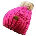 thumbnail image 4 of C.C Thick Cable Knit Faux Fuzzy Fur Pom Fleece Lined Skull Cap Cuff Beanie, Neon Pink, 4 of 4