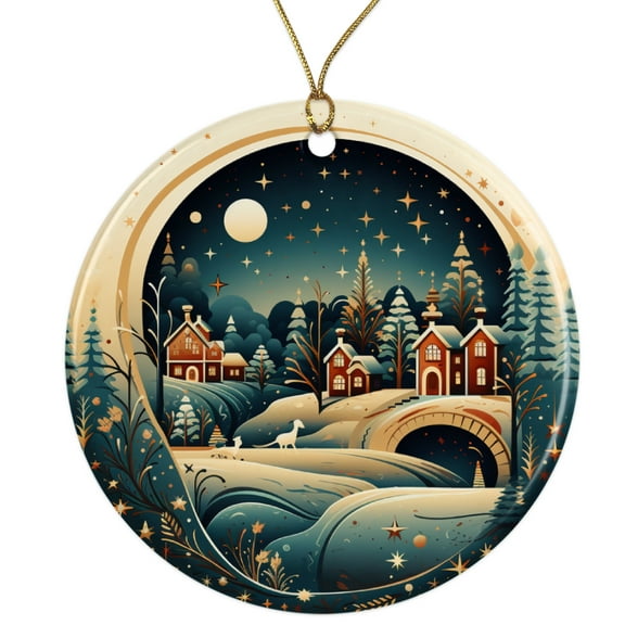 Whimsical Winter Town Ceramic Ornament - Beautiful Classic Design - 3 Inch Christmas Tree Round Ornament - Xmas Holiday Decor - String Included - ORN0042