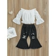 thumbnail image 4 of Franhais 2Pcs Toddler Girls Summer Outfits, Long Bell Sleeve Off Shoulder Tops + Ripped Flare Jeans Set, 4 of 9